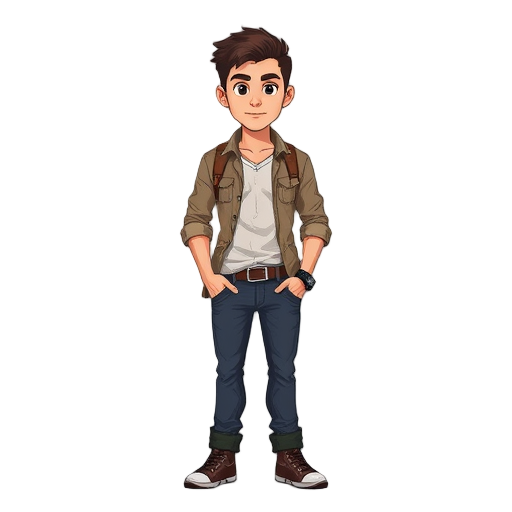 homem jovem com cabelo cacheado curto e bagunçado, estilo aventureiro, usando camisa casual para fora da calça e cinto por baixo, calça jeans escura, botas gastas. aparência confiante e ousada, estilo nathan drake misturado com jack sparrow e tony stark.