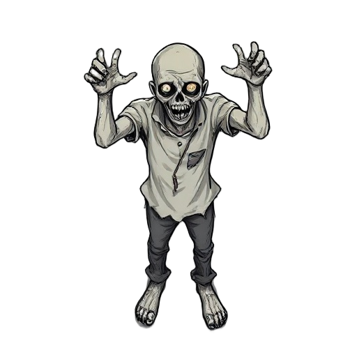 hand-drawn zombie in top-down view, facing forward. detailed, rough sketch style. visible decay, torn clothes, arms slightly raised. perspective from above, not looking upward.
