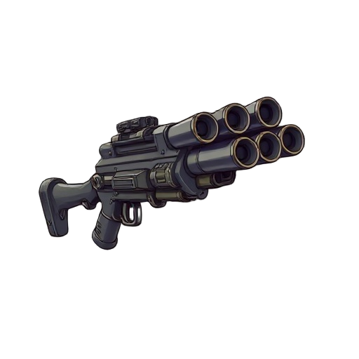 detailed 2d drawing of a minigun, inspired by m134 or vulcan. six rotating barrels, visible ammo belt, mechanical parts, realistic shading. side view, industrial look, high detail.