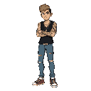 um jovem rockeiro dos anos 90 braços tatuados colete jeans calça preta tenis vans preciso que ele seja baixinho e animalesco com a cabeça maior que o normal, ele é personagem de um jogo