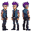 ixel art character of a punk rocker in a side-view pose, with a purple mohawk hairstyle, sleeveless denim vest, black shirt, tattoos on both arms, dark jeans, and black boots.