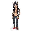 um jovem rockeiro dos anos 90 braços tatuados colete jeans calça preta tenis vans preciso que ele seja baixinho braços e pernas curtinhas e animalesco com a cabeça maior que o normal, ele é personagem de um jogo
