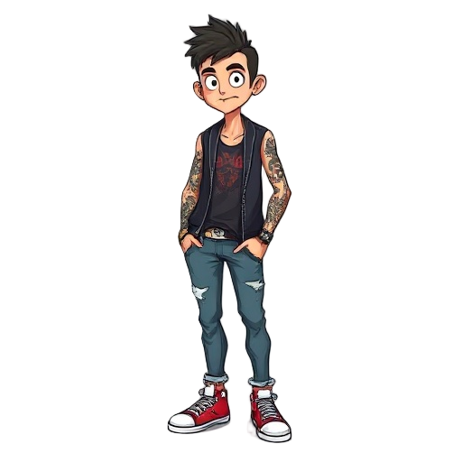 um jovem rockeiro dos anos 90 braços tatuados colete jeans calça preta tenis vans preciso que ele seja baixinho e animalesco com a cabeça maior que o normal, ele é personagem de um jogo