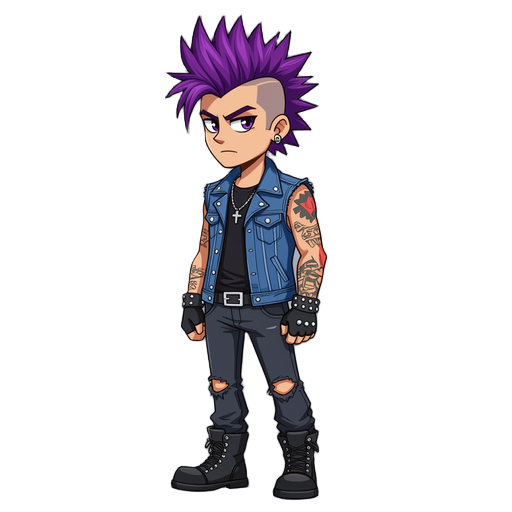 ixel art character of a punk rocker in a side-view pose, with a purple mohawk hairstyle, sleeveless denim vest, black shirt, tattoos on both arms, dark jeans, and black boots.