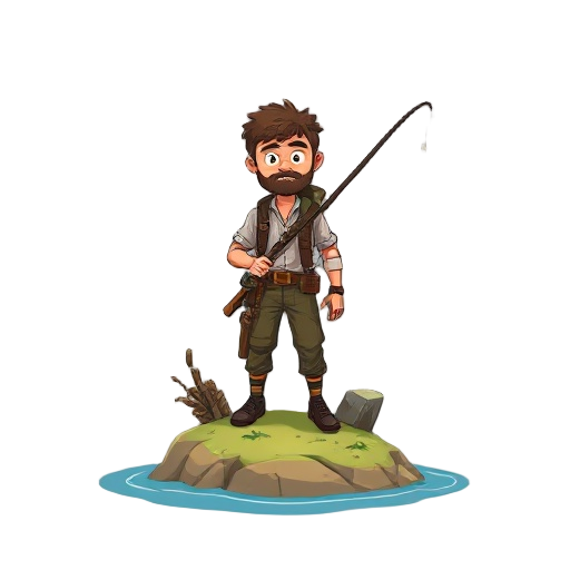 survivor on an island. holding a fishing rod. post apocalyptic.