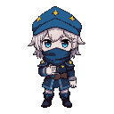 a chibi character with silver hair and a blue cap with golden stars. wears a face scarf, dark blue armor with star details, and light gloves. holds a small cup. fantasy rpg style with clean lines.