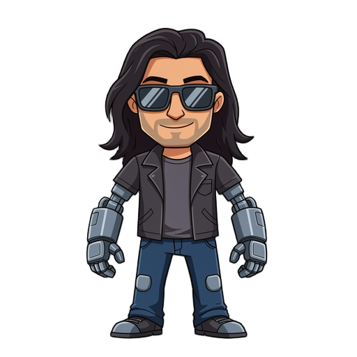 a man with dark long hair wearing a pair of dark sun glasses, his left arm is robotic