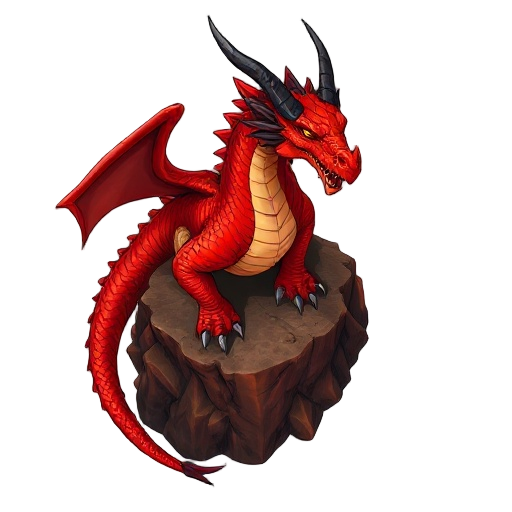 a colossal red dragon perched on a volcanic cliff, its body covered in deep crimson scales that glisten like molten metal. sharp black horns curve back from its skull, smoke rising from its nostrils. 