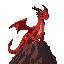 a colossal red dragon perched on a volcanic cliff, its body covered in deep crimson scales that glisten like molten metal. sharp black horns curve back from its skull, smoke rising from its nostrils. 