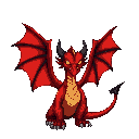 the dragon should have glowing crimson-red scales, large black-ribbed wings spread wide, and a long whip-like tail. its head is angular, with long, backward-curving obsidian horns. its eyes are glowin