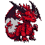 a colossal red dragon, its body covered in deep crimson scales that glisten like molten metal. sharp black horns curve back from its skull, smoke rising from its nostrils. 
