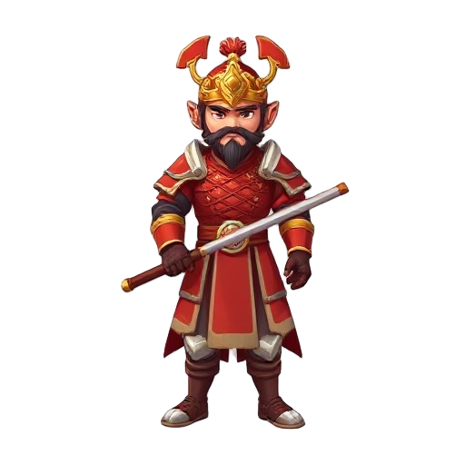 ancient chinese warrior in red armor with gold and white accents and a guandao polearm