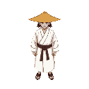 samurai in a basic white robe, with a straw hat