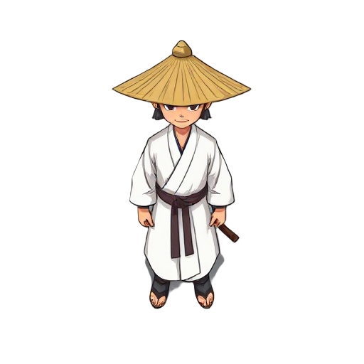 samurai in a basic white robe, with a straw hat