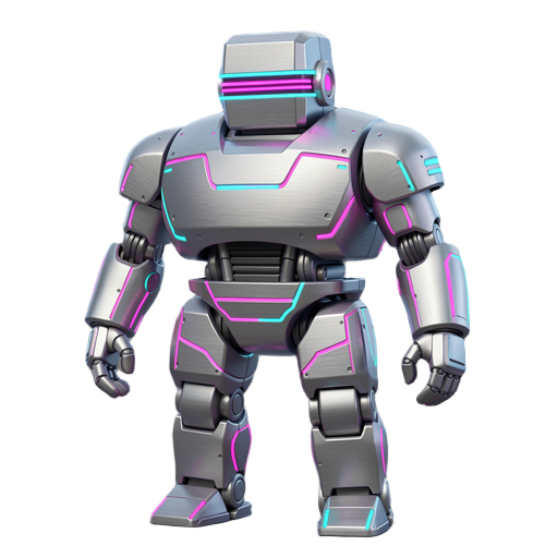 - humanoid android, boxy proportions, stocky stance, ~6-8 heads tall - brushed steel body (#a8a8a8) with neon magenta/cyan accent lines (#ff00ff or #00ffff) - cubic chrome helmet with horizontal visor (glowing neon interior, no mouth) - mechanical segment