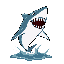a angry white shark with mouth wide open that jumps out of the water 