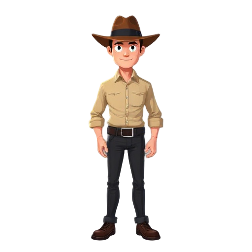 the character should have a slightly slimmer body, wearing a beige dress shirt, black pants, black belt, and a brown hat