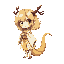 half snake girl with light blonde hair, golden tail, brown branch horns, and a white and yellow kimono