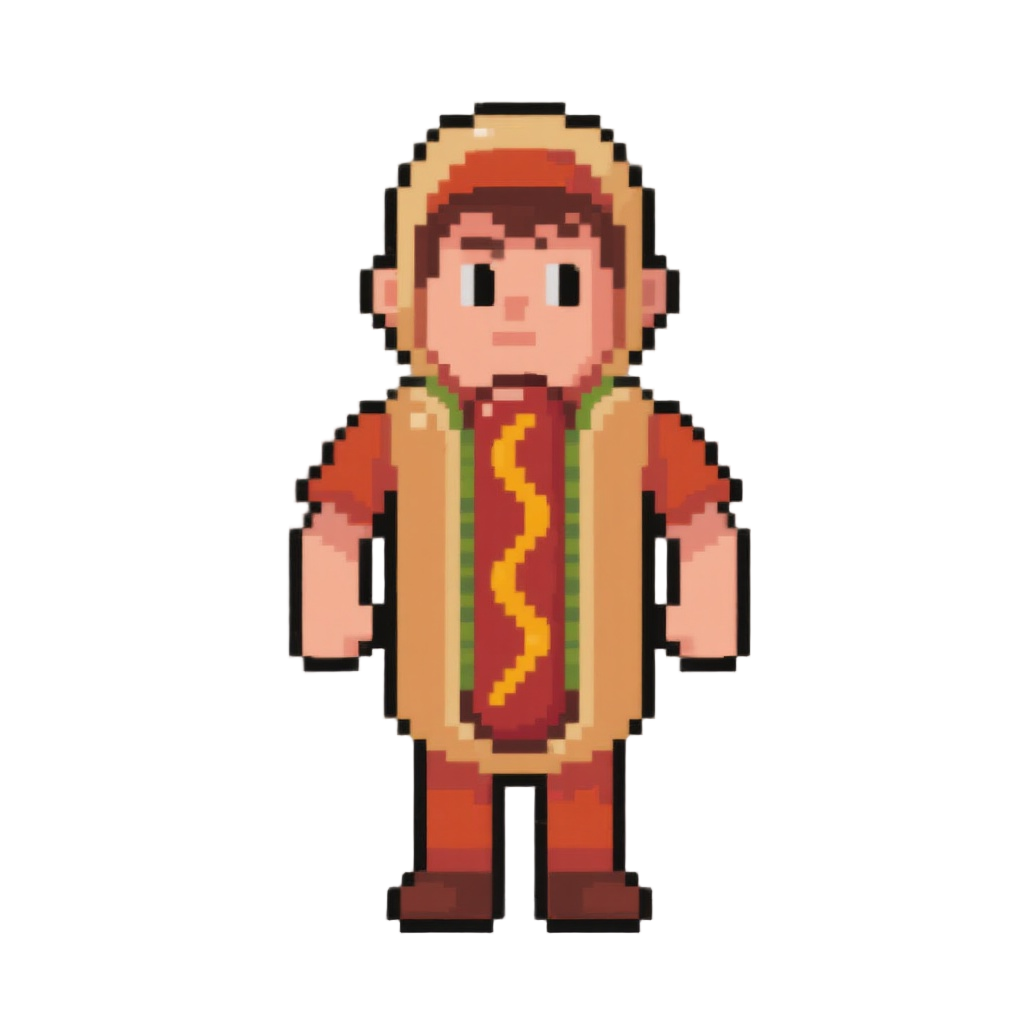 make a pixel guy in a hotdog costume doing an idle