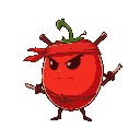 a ninja tomato character. the tomato wears a red ninja headband, has small bamboo swords, and shurikens sticking out of its skin. dynamic pose. side-scrolling game view, white background.