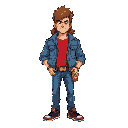 90s-style video game hero with a mullet, ripped denim jacket, red t-shirt, blue jeans, sneakers, holding a golden pizza spatula and a vinegar spray bottle on his belt,