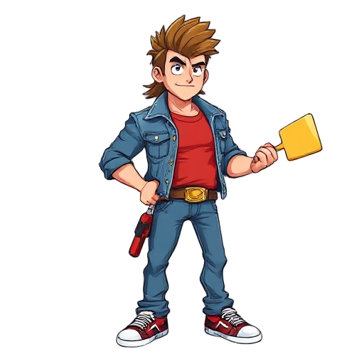  hero with a mullet, ripped denim jacket, red t-shirt, blue jeans, sneakers, holding a golden pizza spatula and a vinegar spray bottle on his belt,