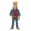 90s-style video game hero with a mullet, ripped denim jacket, red t-shirt, blue jeans, sneakers, holding a golden pizza spatula and a vinegar spray bottle on his belt,