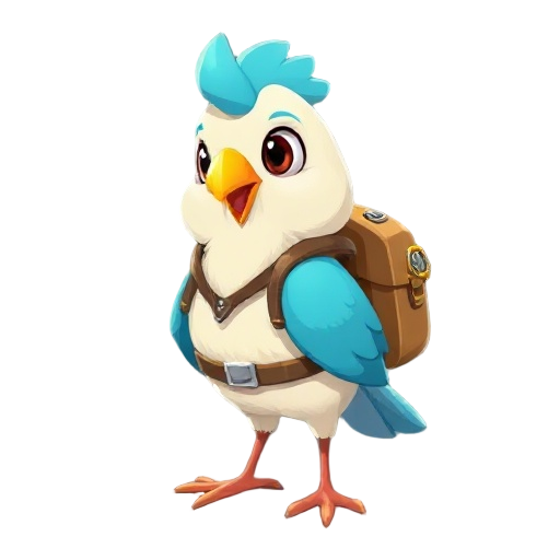uma galinha protagonista, com um capacete de aventureira e uma mochila de couro. cores vibrantes, 