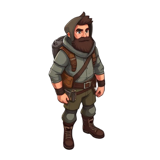 um homem sobrevivente com mochila e roupa meio casaco e calça e bota e cabelo grande e barba em rpg  