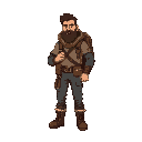 um homem sobrevivente com mochila e roupa meio casaco e calça e bota e cabelo grande e barba em rpg pixel arte 