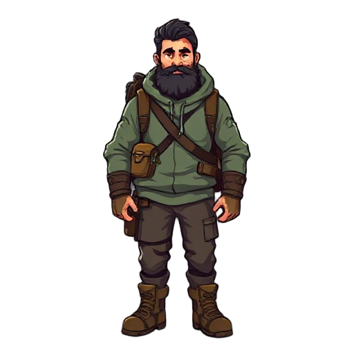 um homem sobrevivente com mochila e roupa meio casaco e calça e bota e cabelo grande e barba em rpg pixel arte 
