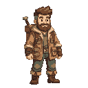 um homem sobrevivente com mochila e roupa meio casaco e calça e bota e cabelo grande e barba em rpg pixel arte 