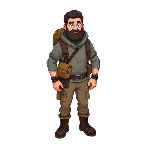 um homem sobrevivente com mochila e roupa meio casaco e calça e bota e cabelo grande e barba 
