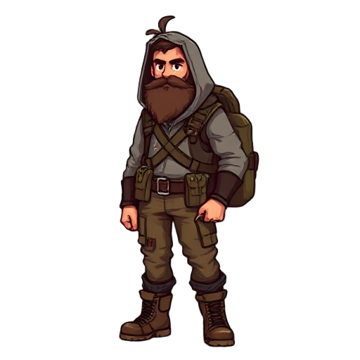 um homem sobrevivente com mochila e roupa meio casaco e calça e bota e cabelo grande e barba em rpg pixel arte 