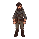 um homem sobrevivente com mochila e roupa meio casaco e calça e bota e cabelo grande e barba em rpg pixel arte 