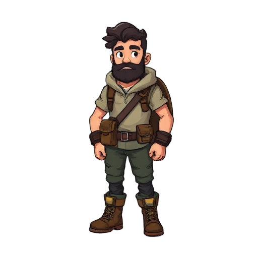 um homem sobrevivente com mochila e roupa meio casaco e calça e bota e cabelo grande e barba em rpg pixel arte 
