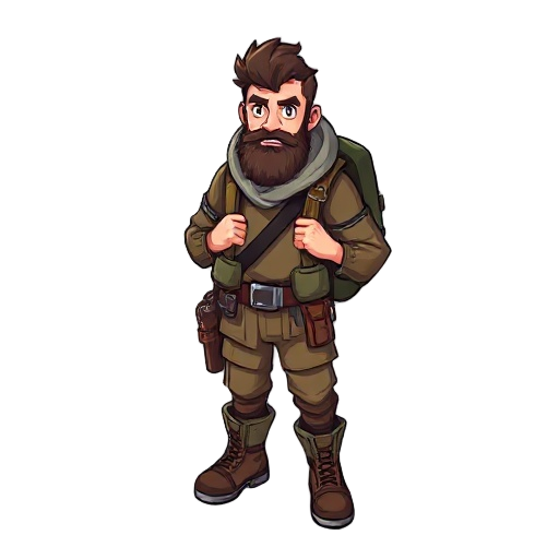 um homem sobrevivente com mochila e roupa meio casaco e calça e bota e cabelo grande e barba em rpg pixel arte 