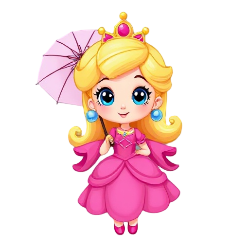 princess wearing vibrant pink clothing (dress, sleeves, accessories) - blonde hair with a crown or tiara - cute, expressive face with large eyes - carrying a decorative umbrella as her signature item.