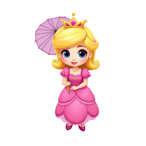 princess wearing vibrant pink clothing (dress, sleeves, accessories) - blonde hair with a crown or tiara - cute, expressive face with large eyes - carrying a decorative umbrella as her signature item.