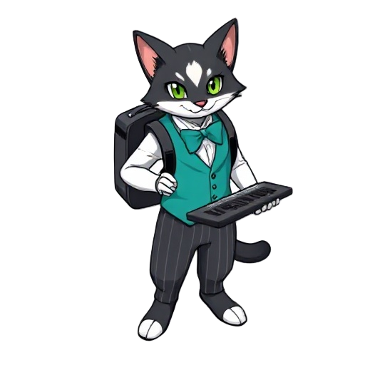 a tuxedo tabaxi bard with green eyes, teal vest and bow tie, white shirt, dark striped pants, rapier, backpack, and keyboard. 16-bit gba style. pokemon and a white stripe from nose to forehead.