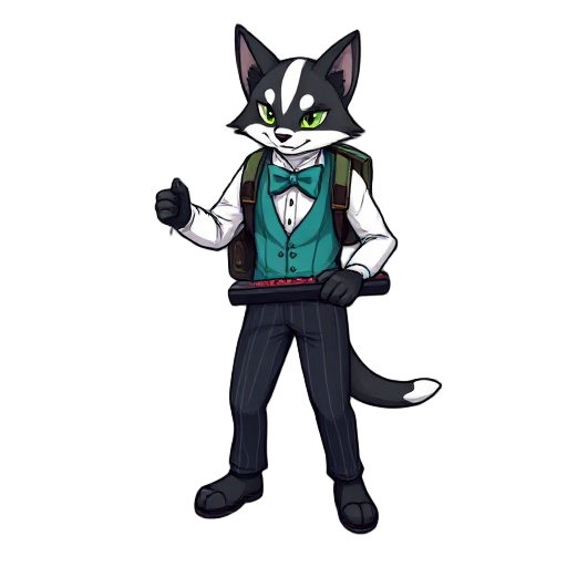 a tuxedo tabaxi bard with green eyes, teal vest and bow tie, white shirt, dark striped pants, rapier, backpack, and keyboard. 8-bit gba style. pokemon and a white stripe from nose to forehead.