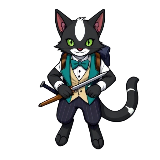 a tuxedo tabaxi bard with green eyes, teal vest and bow tie, white shirt, dark striped pants, rapier, backpack, and keyboard. 16-bit gba style. pokemon  and a white stripe from nose to forehead.