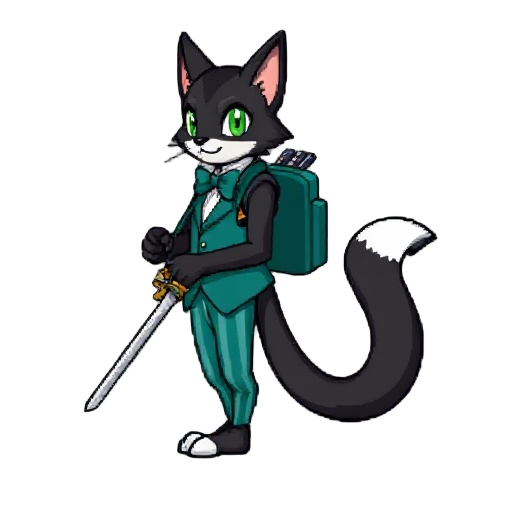 pixel sprite of a tuxedo tabaxi bard with green eyes, teal vest, striped pants, bowtie, rapier, backpack, and keyboard. 16-bit gba style. pokemonside or back pose, confident and charming.