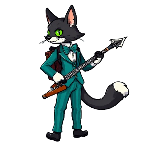 pixel sprite of a tuxedo tabaxi bard with green eyes, teal vest, striped pants, bowtie, rapier, backpack, and keytar. 16-bit gba style. side or back pose, confident and charming.