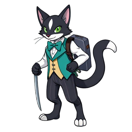 a tuxedo tabaxi bard with green eyes, teal vest and bow tie, white shirt, dark striped pants, rapier, backpack, and keyboard. 16-bit gba style. pokemon and a white stripe from nose to forehead.