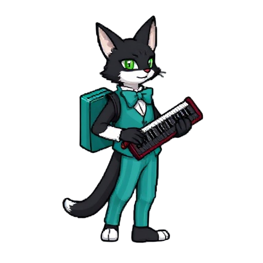pixel sprite of a tuxedo tabaxi bard with green eyes, teal vest, striped pants, bowtie, rapier, backpack, and keyboard. 16-bit gba style. pokemonside or back pose, confident and charming.