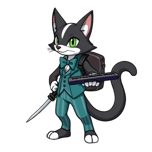 a tuxedo tabaxi bard with green eyes, teal vest, striped pants, bowtie, rapier, backpack, and keyboard. 16-bit gba style. pokemon  and a white stripe from nose to forehead.