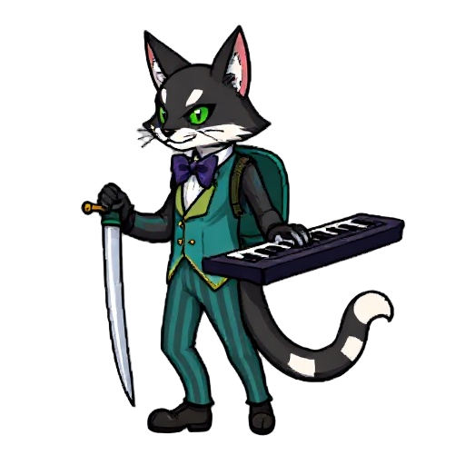 pixel sprite of a tuxedo tabaxi bard with green eyes, teal vest, striped pants, bowtie, rapier, backpack, and keyboard. 16-bit gba style. side or back pose, confident and charming.