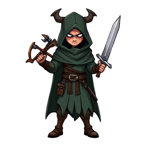 an image of a demon hunter wearing a cloak, holding a crossbow in one hand and a sword in the other, with his face wrapped in the cloak and only his weapon exposed