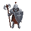 a knight with a huge shield and a mace and not wearing a helmet